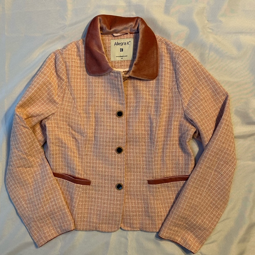Allegra K Pink Tweed Velvet Collar Blazer Jacket – Size M - Picture 4 of 7